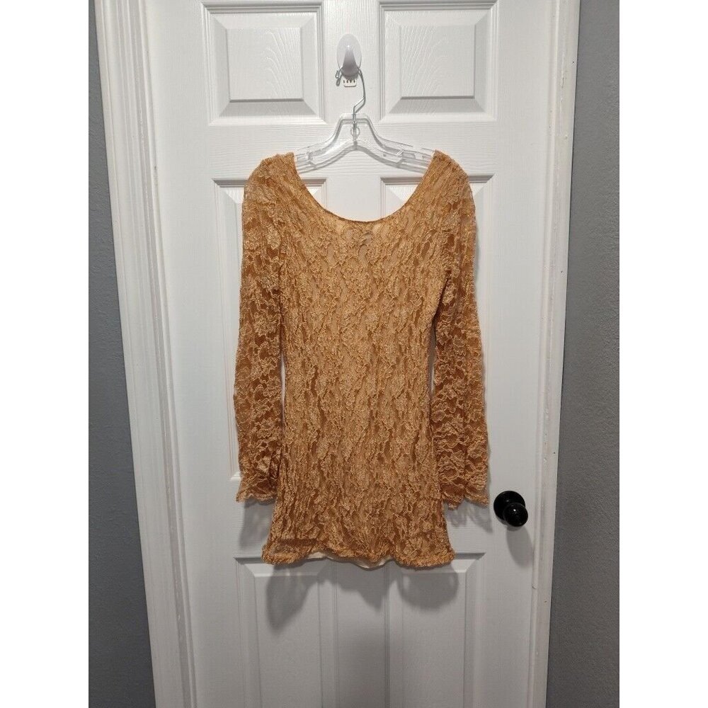 Angie Tan Stretchy Boho Flare Lace Overlay‎ Long Bell Sleeve Dress - Size Medium